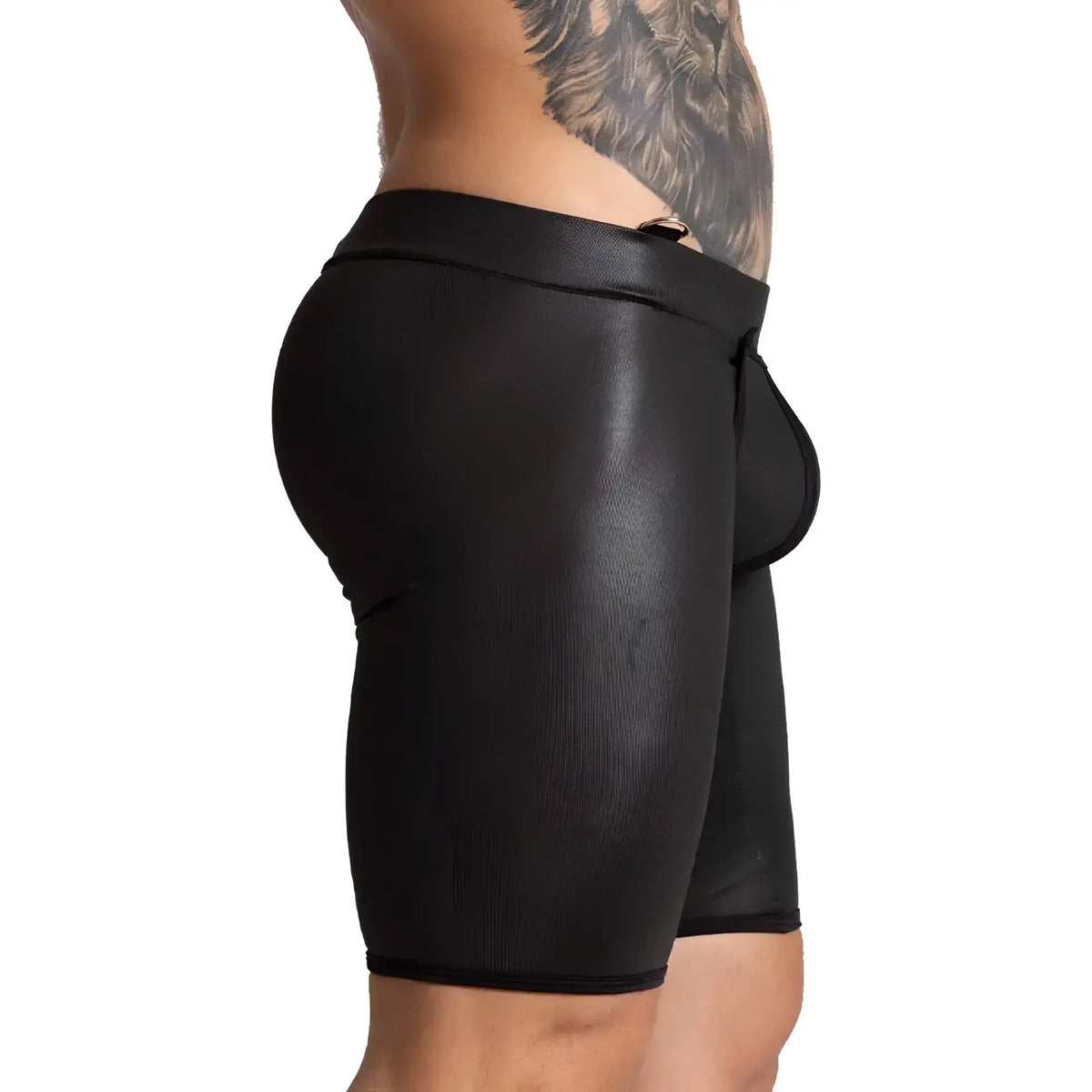 Gigo F Fetish black trunk long faux leather shorts with ribbed texture and contoured design
