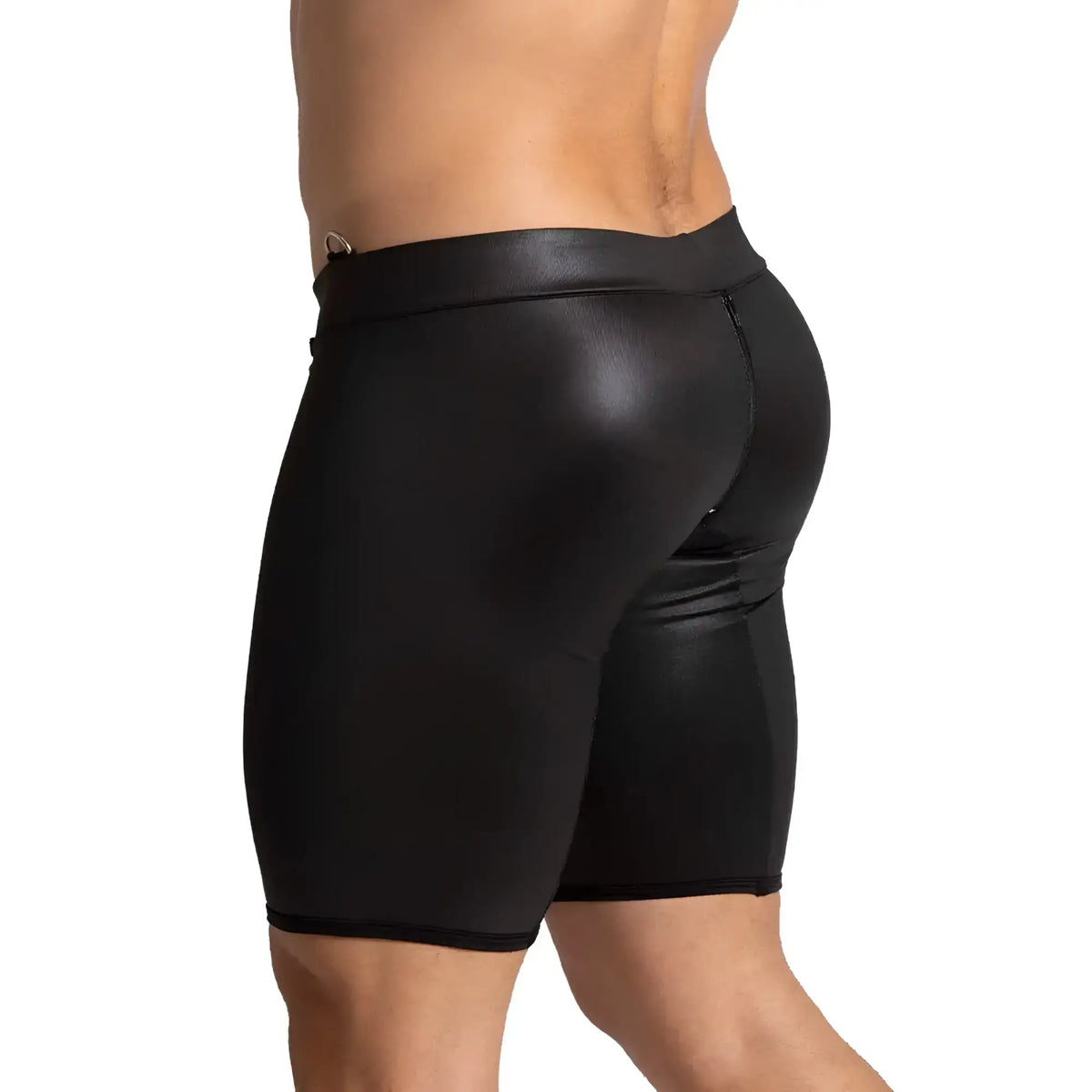 Black shiny faux leather shorts with high waistband and zipper detail from gigo f fetish black trunk long collection