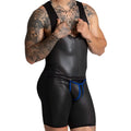 Black faux leather wrestling singlet with blue waistband trim shown from the back in the gigo f fetish blue body style