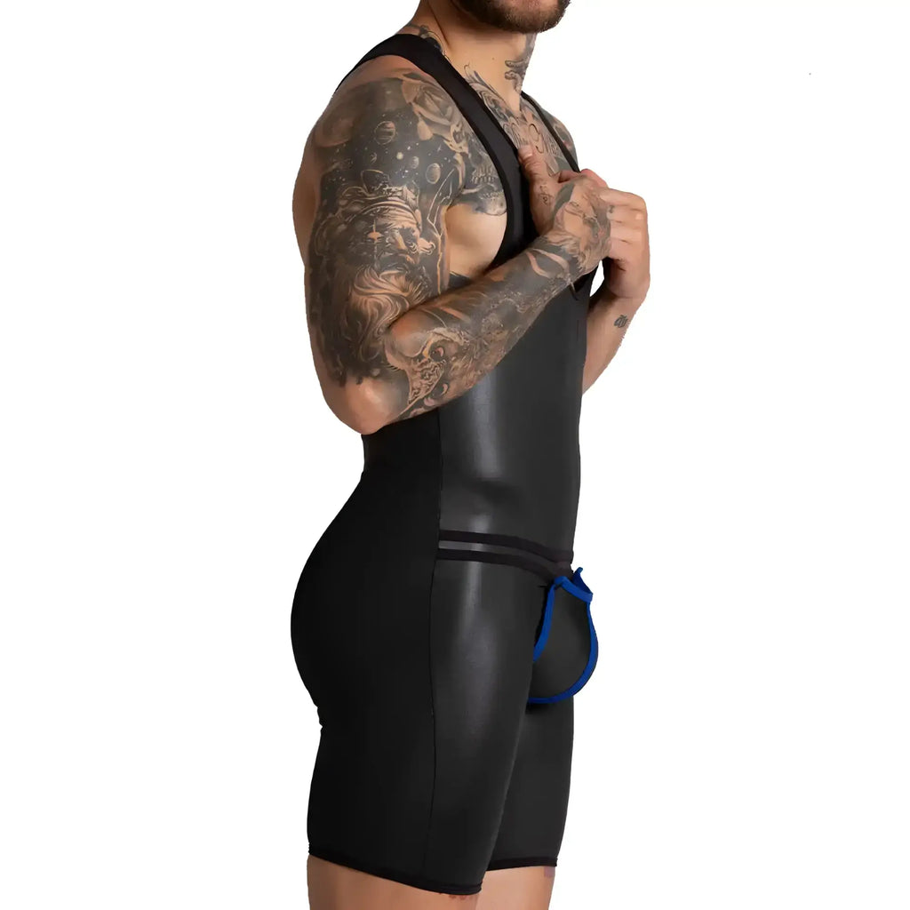 Black glossy latex wrestling singlet with blue elasticized side pouch from gigo f fetish blue body collection