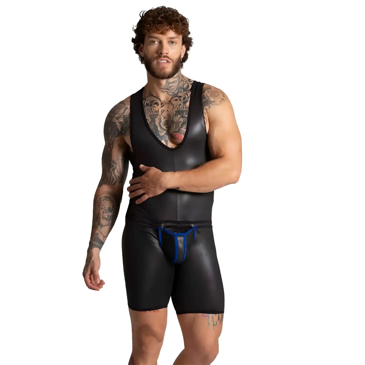 Black latex wrestling singlet with blue drawstring waistband gigo f fetish blue body front view
