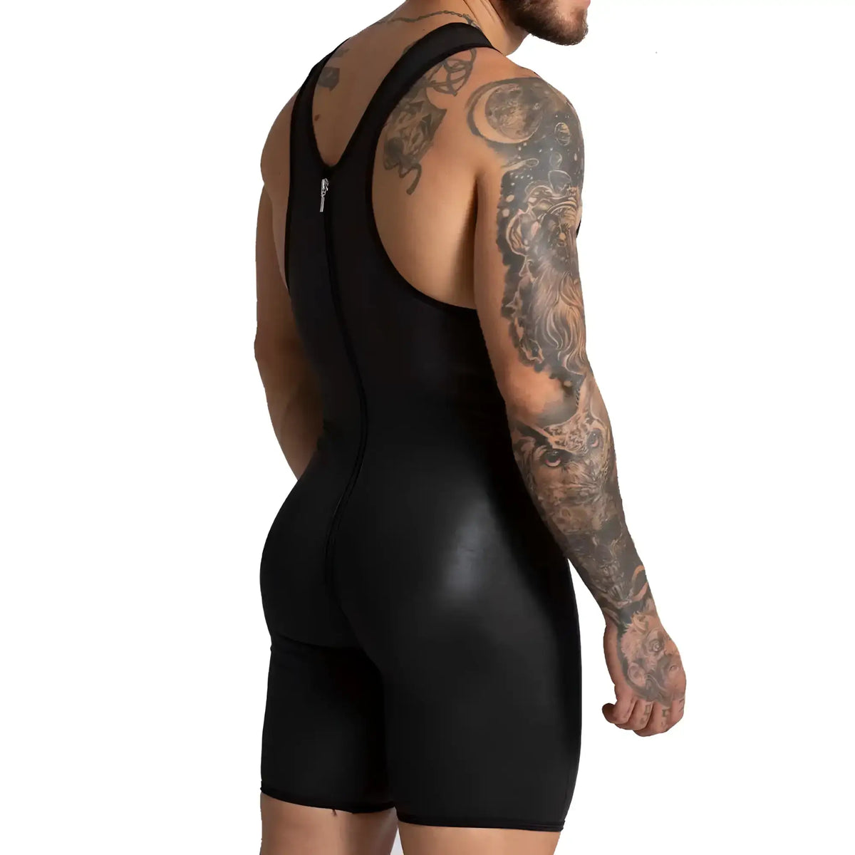 Black form-fitting wrestling singlet with back zipper from gigo f fetish blue body collection shown from back side