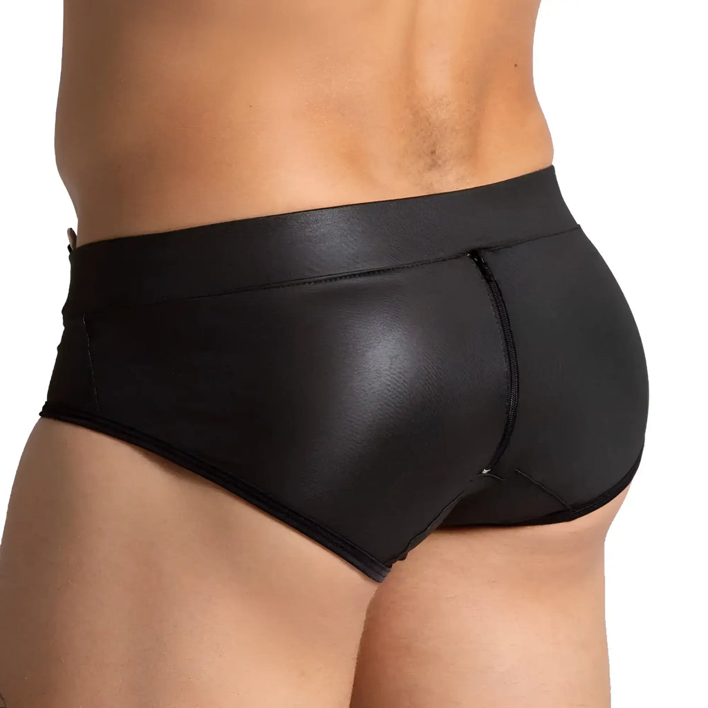 Gigo F Fetish blue brief in black faux leather with a sleek glossy finish and snug fit