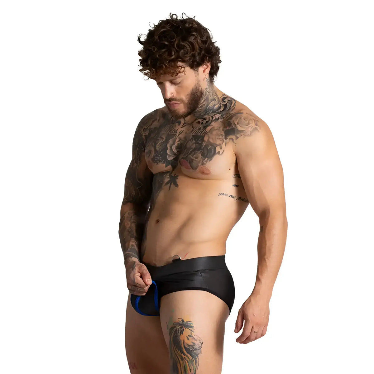 Black leather briefs with a blue elastic waistband from gigo f fetish blue brief collection
