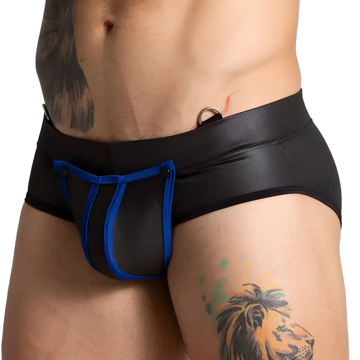 Black and blue leather-trimmed menÃ¢â‚¬â„¢s briefs with a shiny form-fitting design from Gigo F Fetish Blue Brief collection