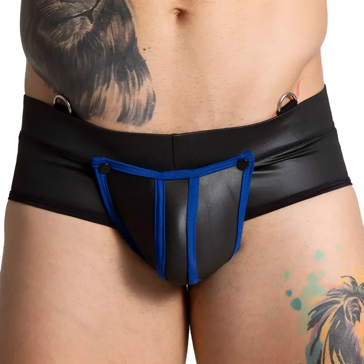 Black and blue gigo f fetish brief featuring a leather-like material with a central panel design