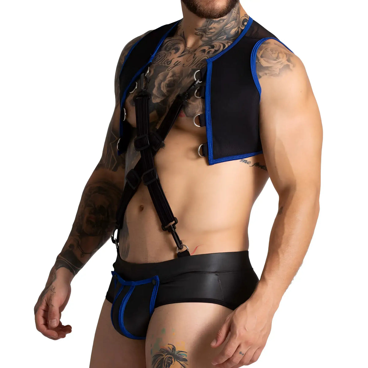 Black and blue leather fetish harness set with adjustable straps and metallic rings gigo f harness