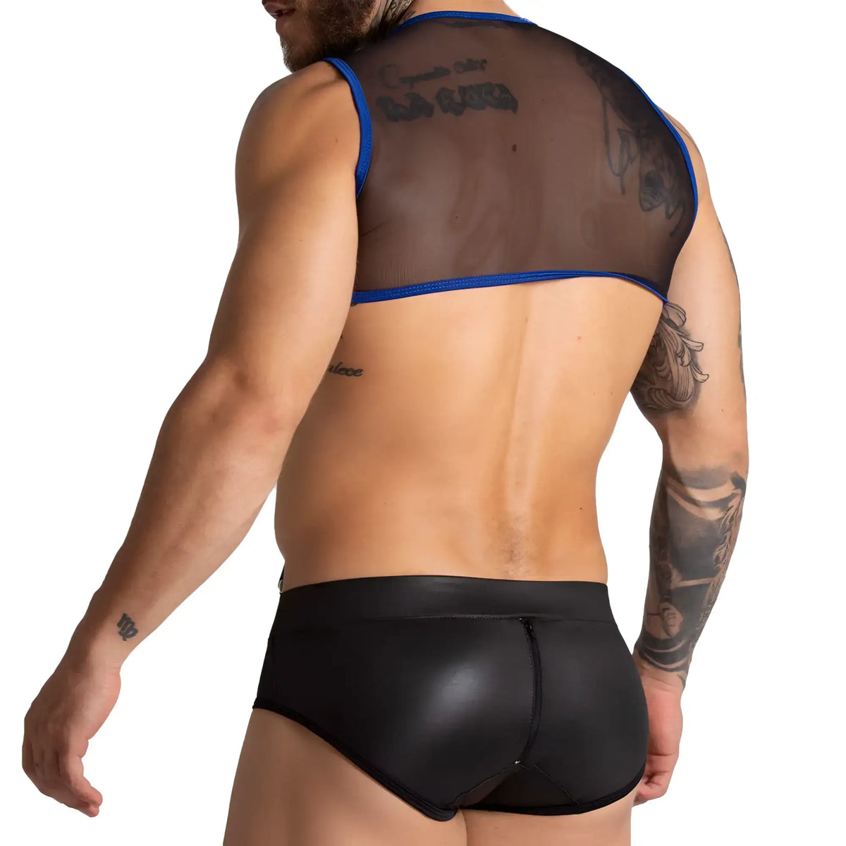 Black shiny faux leather briefs with a blue mesh top from Gigo F Fetish Blue Harness collection