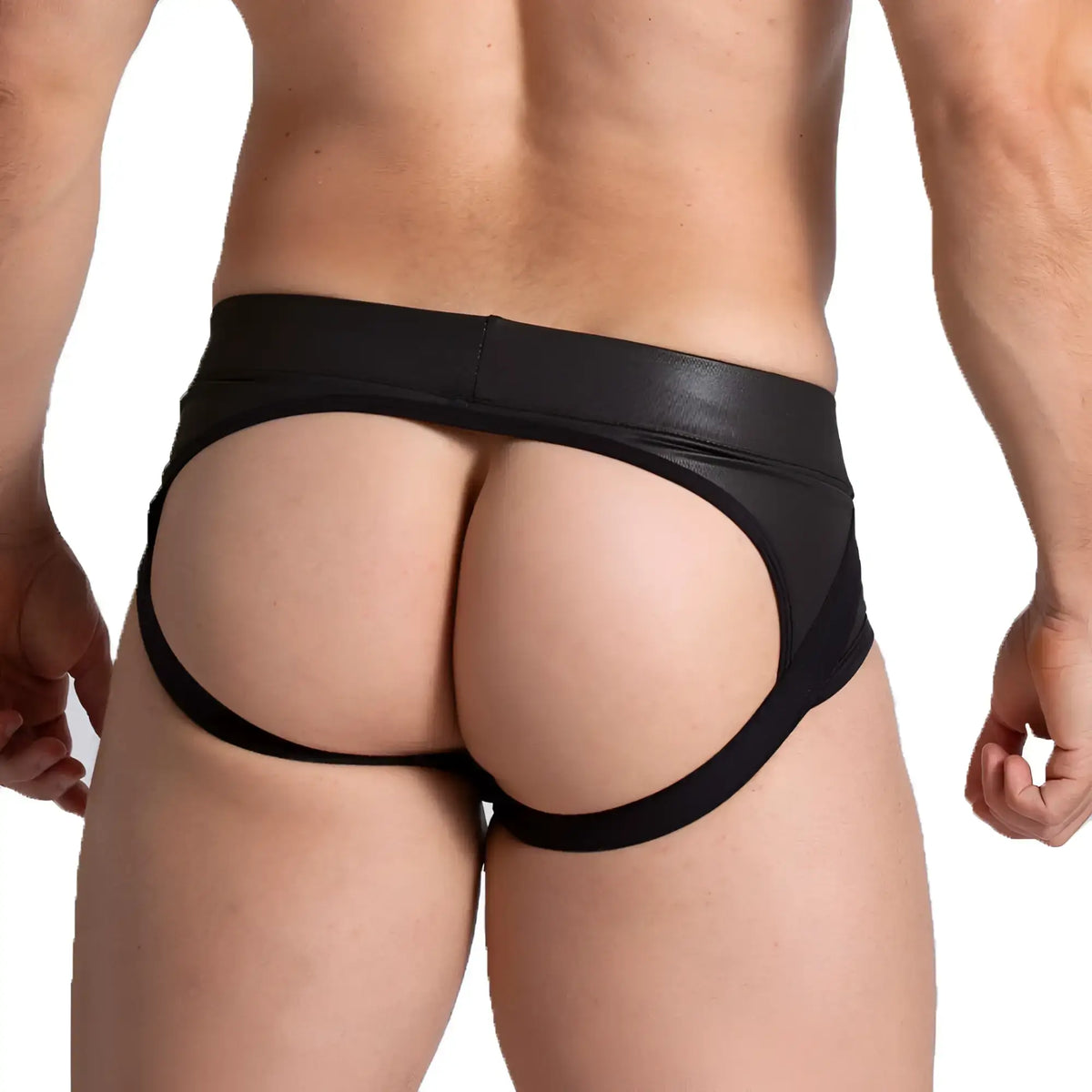 Black leather-look briefs with wide waistband and cutout design from gigo f fetish blue jockstrap collection
