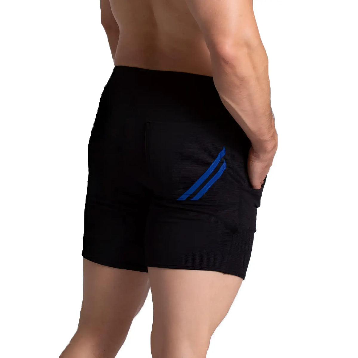 Black athletic shorts with textured fabric and two bold blue diagonal stripes on the back pocket view
