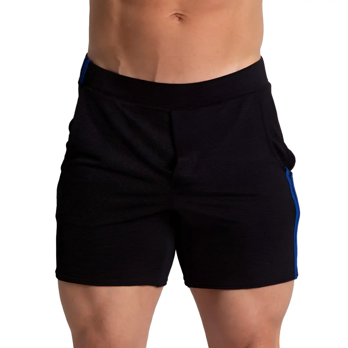 Black Gigo F Fetish Blue athletic shorts with blue side stripes and textured fabric for active wear