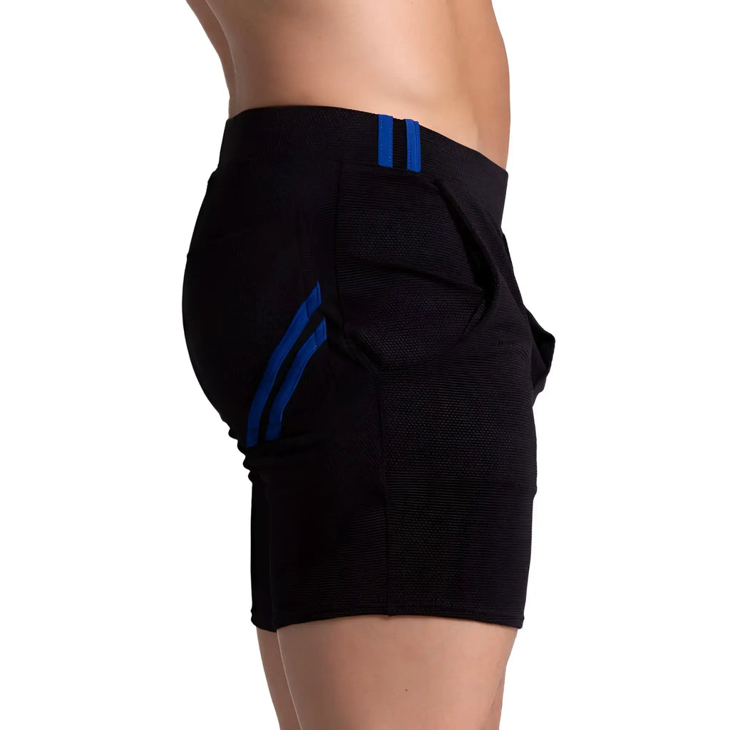 Black gigo f fetish blue short athletic shorts with blue striped waistband and side seam accents for active wear