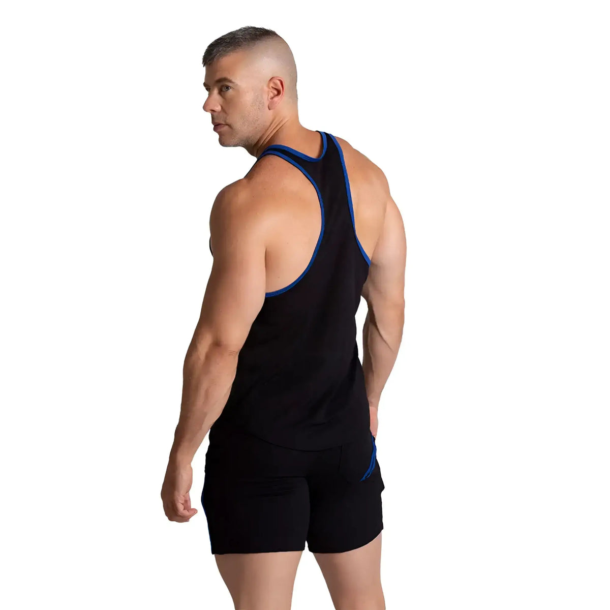 Black gigo f fetish blue athletic tank top with blue trim along neckline and armholes for active wear