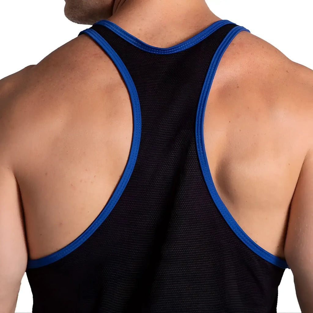 Black mesh tank top with blue trim from gigo f fetish blue tank featuring breathable material for stylish wear