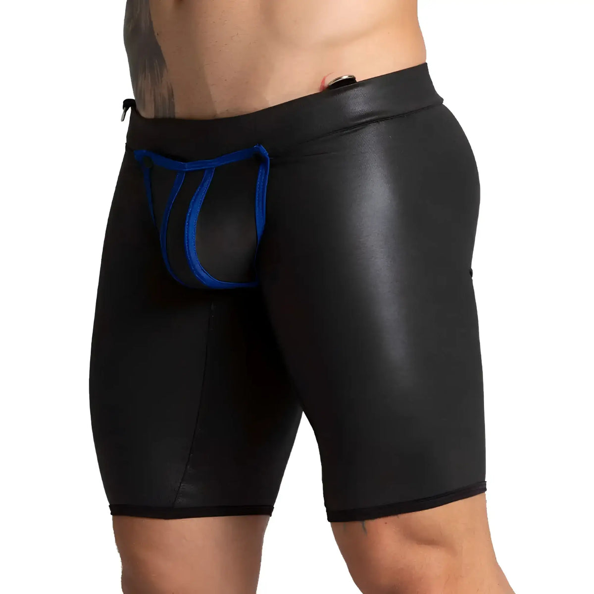 Black faux leather briefs with bold blue elasticized pouch detail from gigo f fetish blue trunk long collection