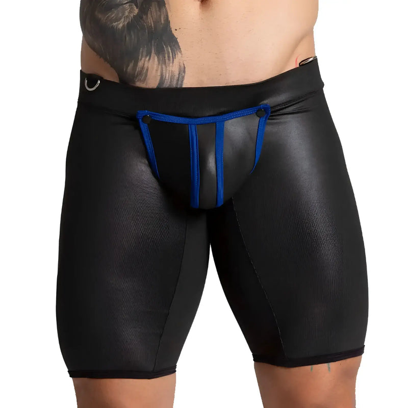 Black patent leather briefs with bold blue trim and metallic ring waistband from gigo f fetish blue trunk long collection