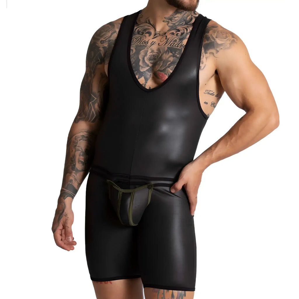 Black glossy faux leather wrestling singlet with deep v-neckline and matching shorts from gigo f fetish green body collection
