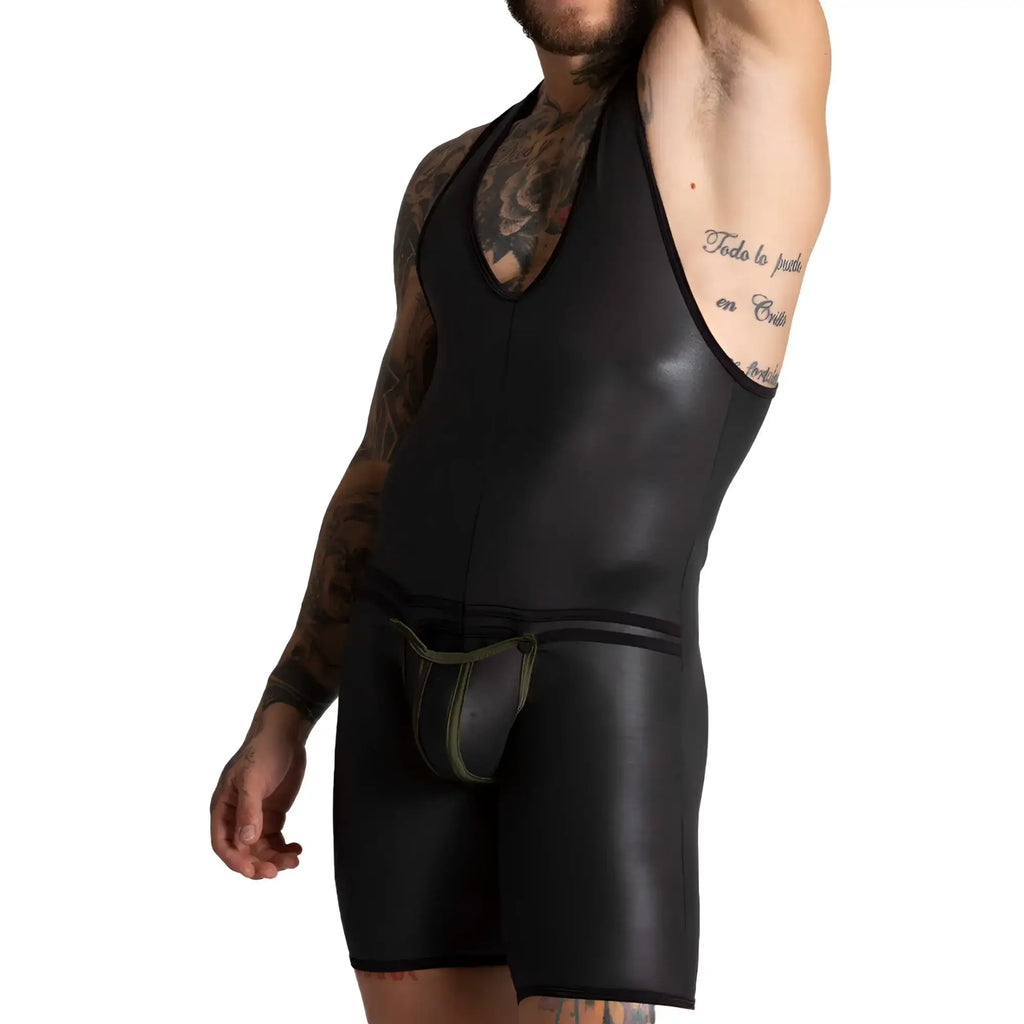 Black glossy faux leather menÃ¢â‚¬â„¢s bodycon tank top with deep v-neckline and integrated briefs from Gigo F Fetish Green Body