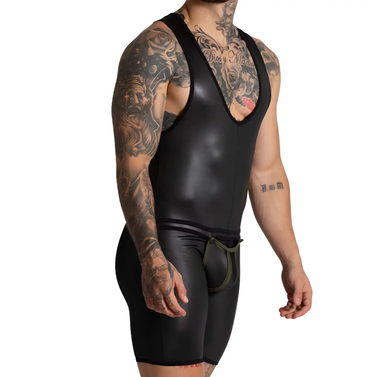 Black glossy latex wrestling singlet with deep v-neckline and matching shorts from gigo f fetish green body collection