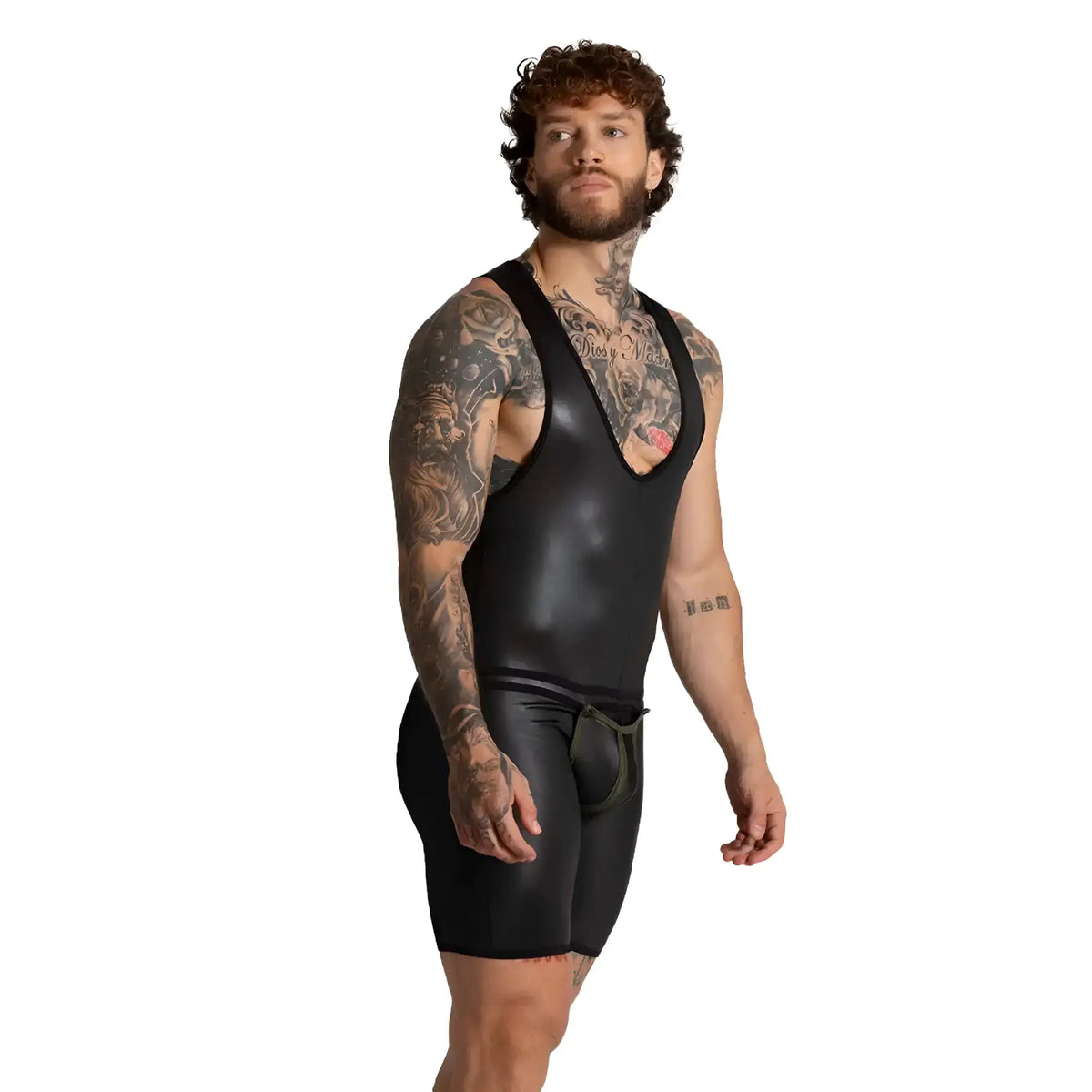 Black glossy vinyl wrestling singlet with deep v-neck and elastic waistband in Gigo F Fetish Green Body style