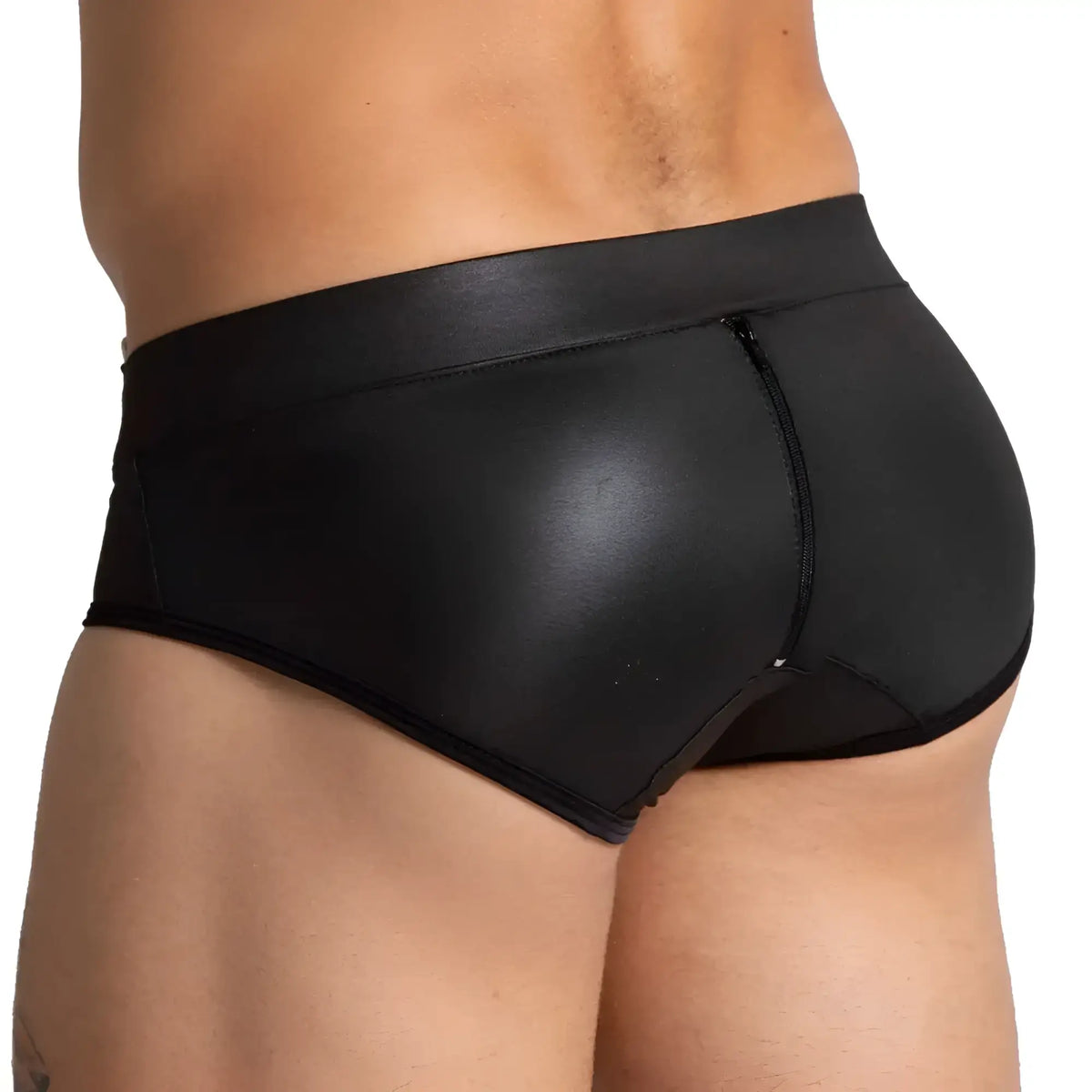 Black shiny faux leather briefs with central back zipper shown from the back in gigo f fetish green brief style