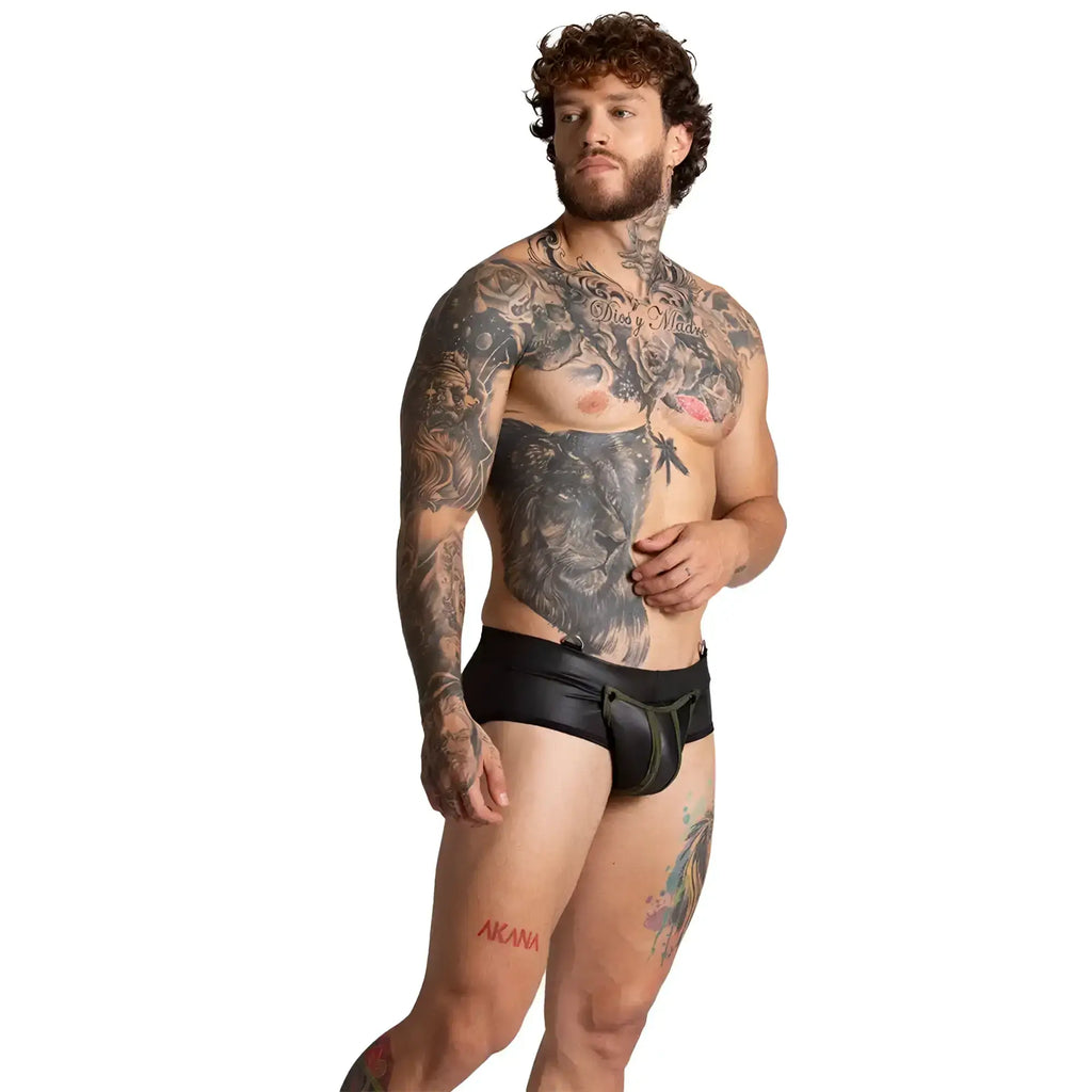 Black leather gigo f fetish green brief with central seam and side tabs for fetish wear