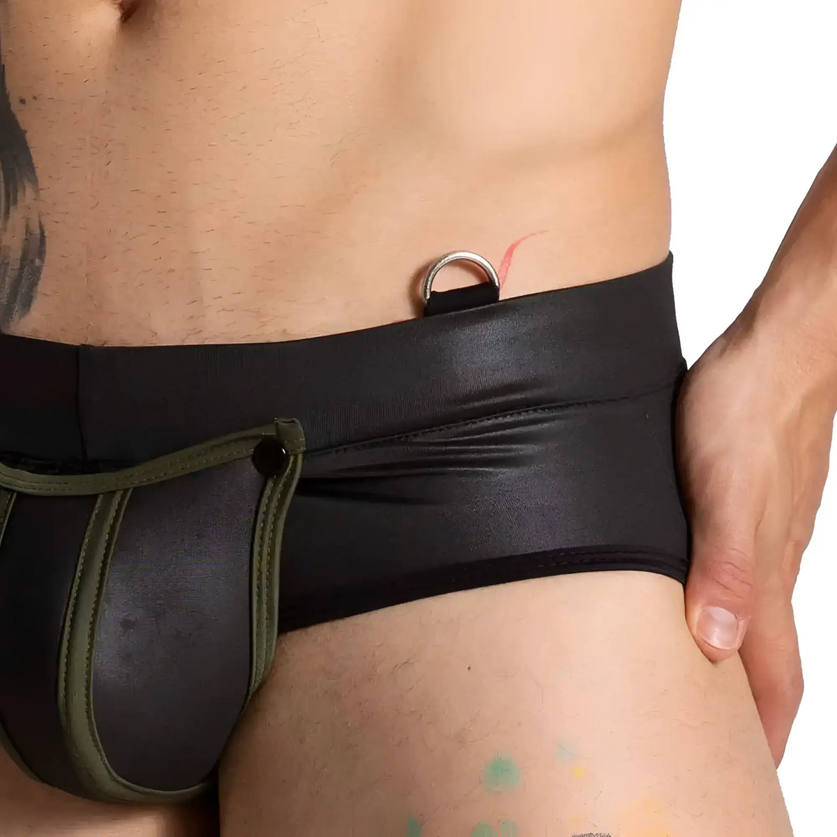 Black and olive green leather briefs with metal ring waistband from gigo f fetish green brief collection