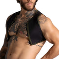 Black leather vest with olive green trim and silver rings from gigo f fetish green harness collection
