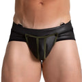 Black leather gigo f fetish green jockstrap briefs with olive green trim and metal rings at the waistband