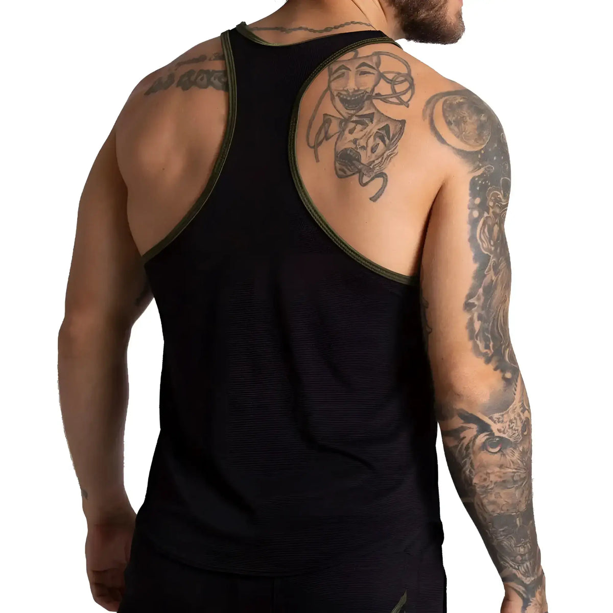 Black athletic tank top with olive green trim along neckline and armholes from Gigo F Fetish Green Tank collection