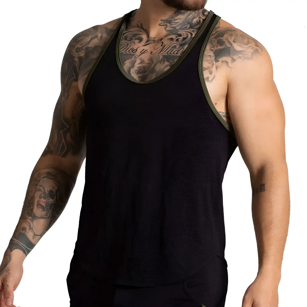 Black Gigo F Fetish Green tank athletic tank top with olive green trim along neckline and armholes