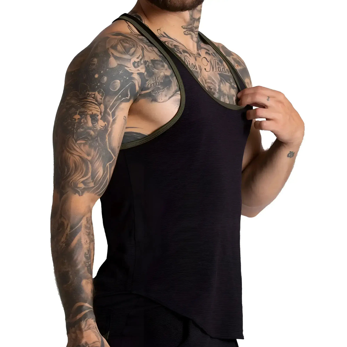 Gigo f fetish green tank black textured tank top with olive green trim perfect for casual wear