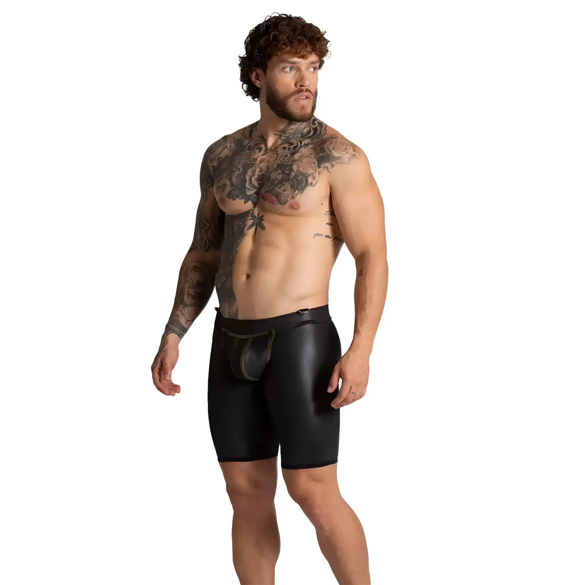 Black leather briefs with a sleek glossy finish and adjustable waistband from gigo f fetish green trunk long collection