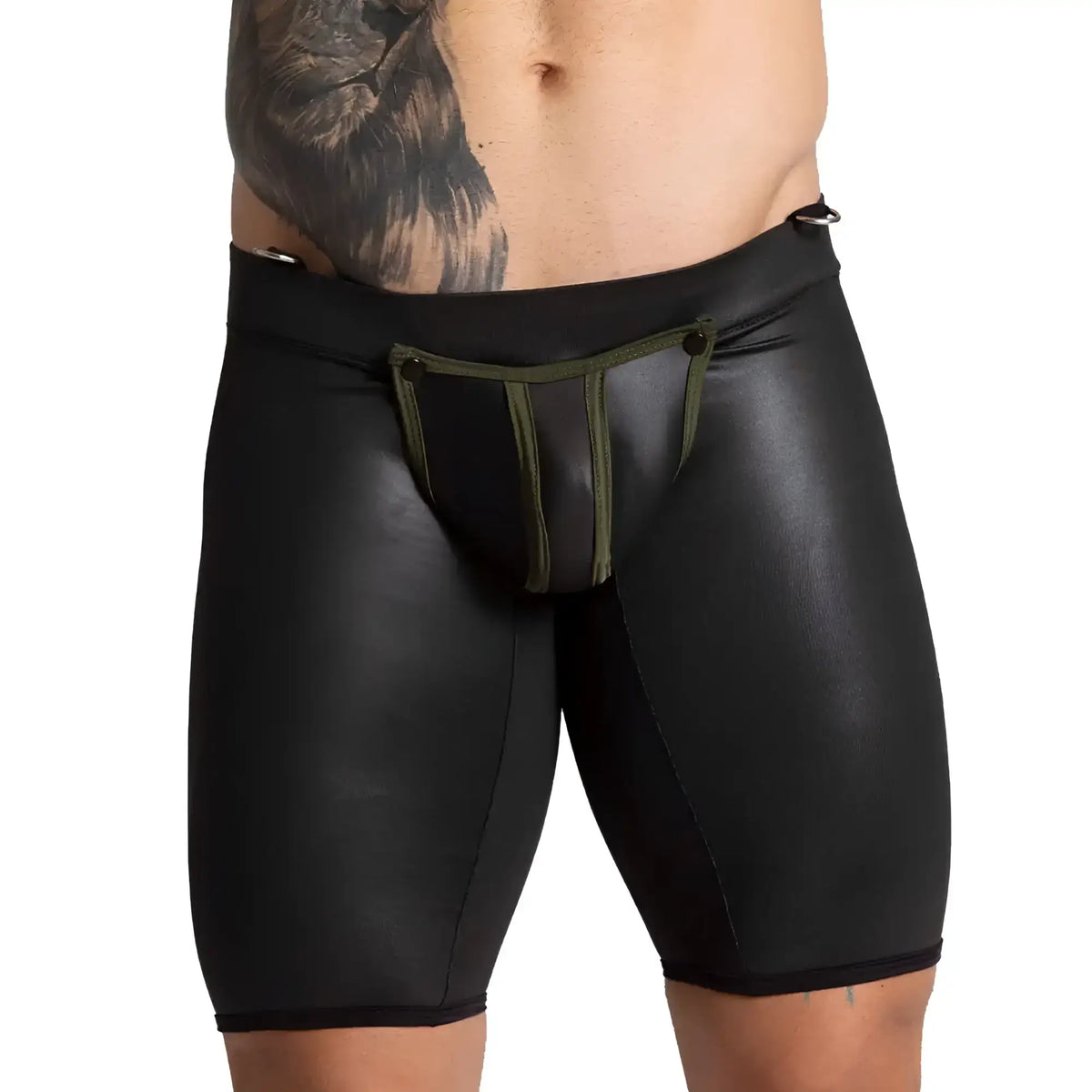 Black shiny faux leather briefs with olive green trim and button details from gigo f fetish green trunk long collection