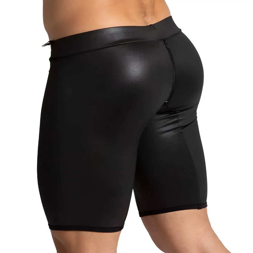 Gigo f fetish green trunk long black shiny faux leather shorts with snug fit and elastic waistband