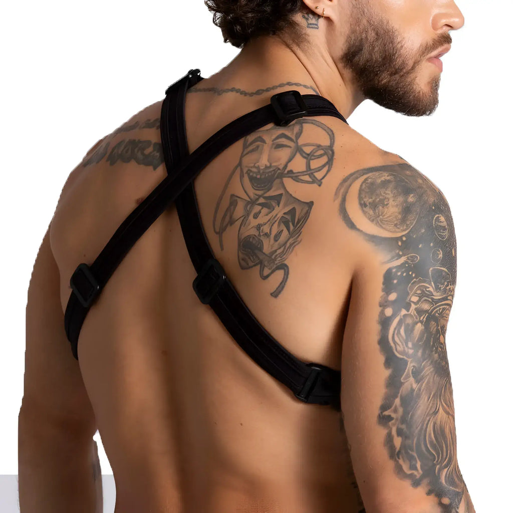 Black adjustable shoulder harness with plastic buckles from the Gigo F fetish harness product line