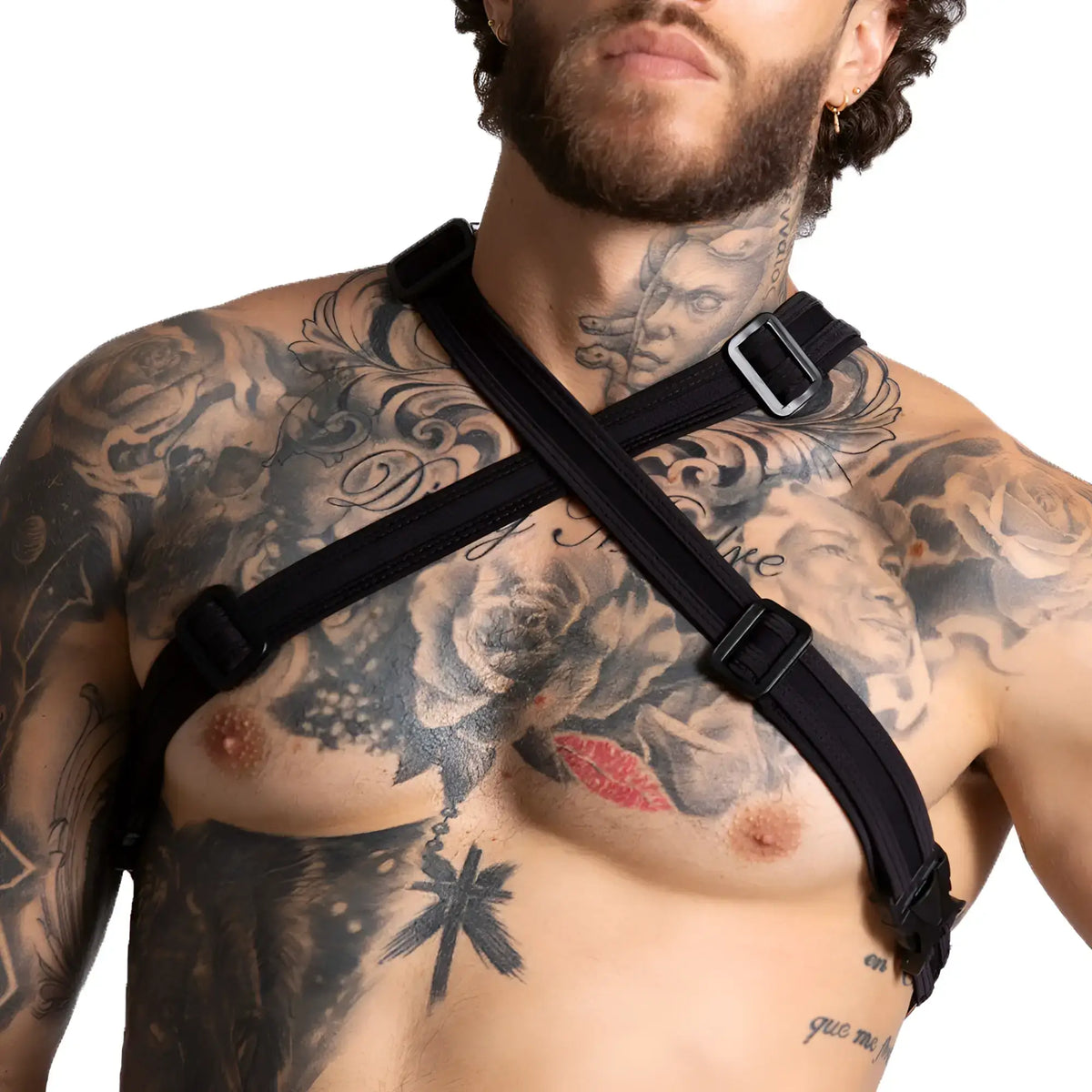 Black nylon gigo f fetish harness with adjustable buckles and cross-body design for secure fit