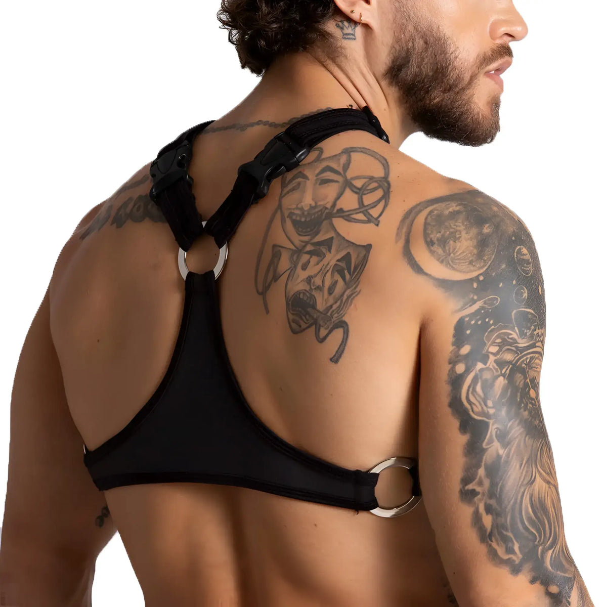 Black gigo f fetish harness with silver toned metal rings and adjustable straps designed for secure fit