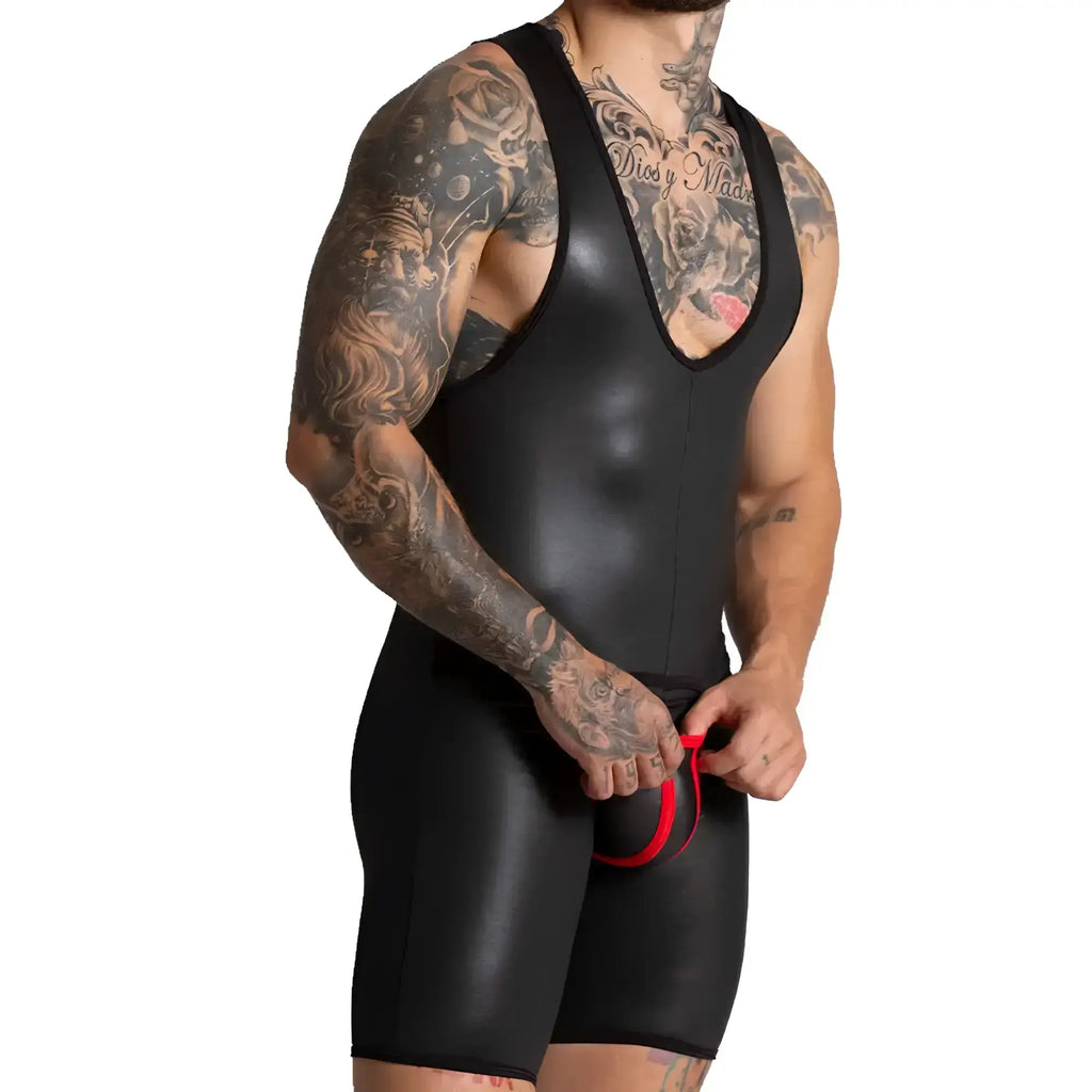 Black glossy vinyl wrestling singlet with red drawstring waistband from gigo f fetish red body collection