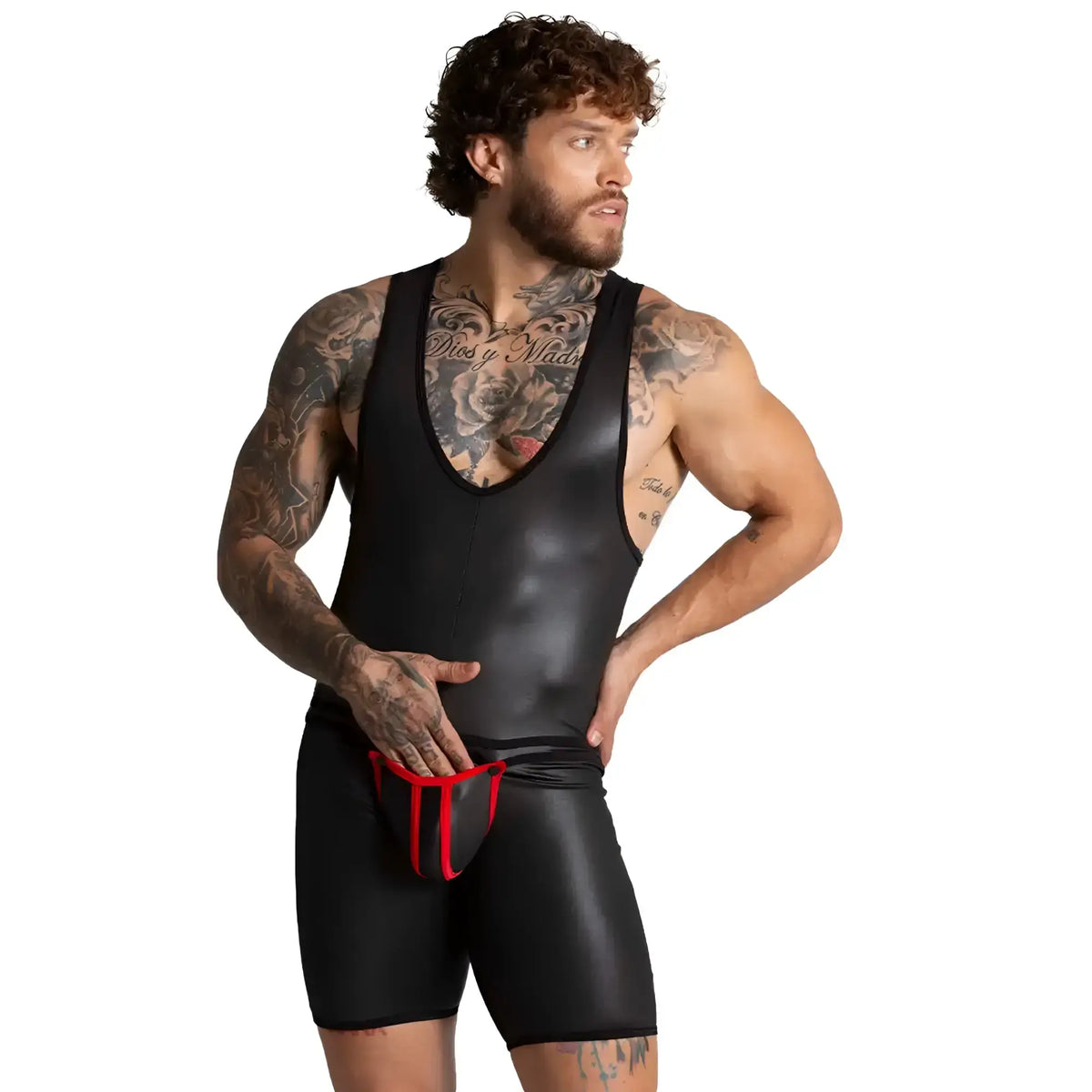 Black glossy latex wrestling singlet with red trim around waistband from Gigo F Fetish Red Body collection