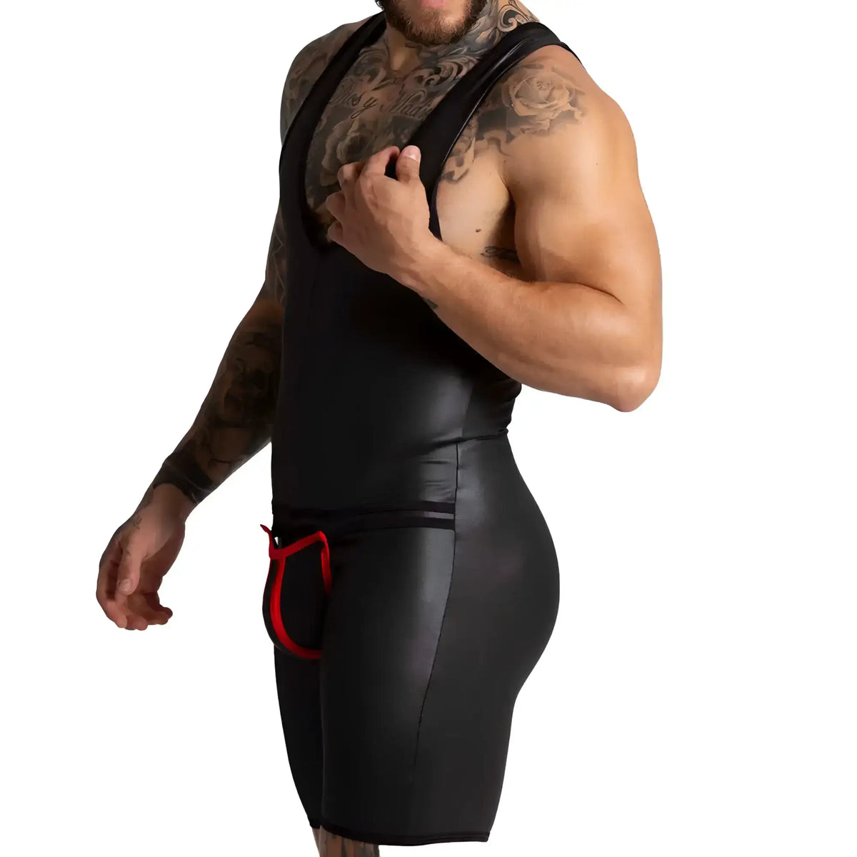 Black leather-like wrestling singlet with red drawstring at the waist from gigo f fetish red body collection