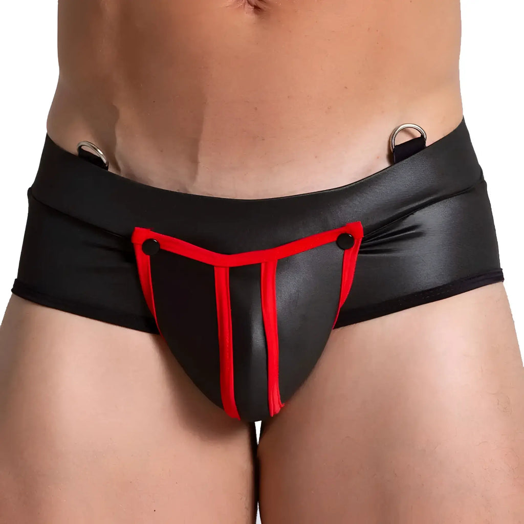 Gigo F Fetish red brief black and red faux leather with bold angular design and contrasting red trim on front panel