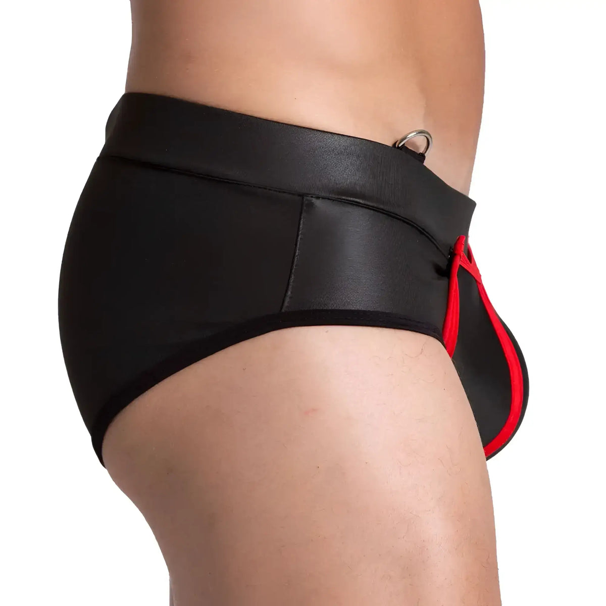 Gigo F fetish red brief black leather-like briefs with bold red trim and metallic ring at waistband front view