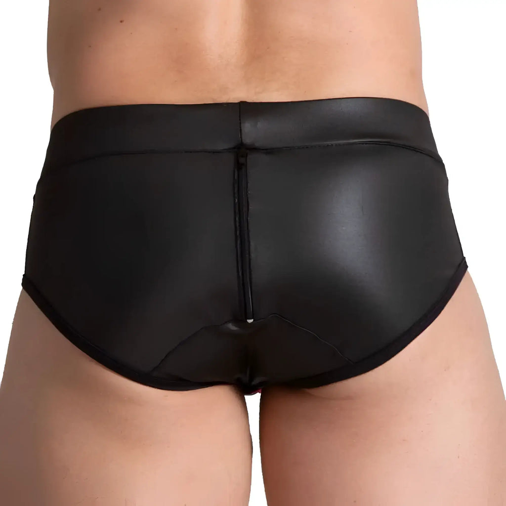 Black faux leather gigo f fetish red brief shown from the back with a central zipper detail