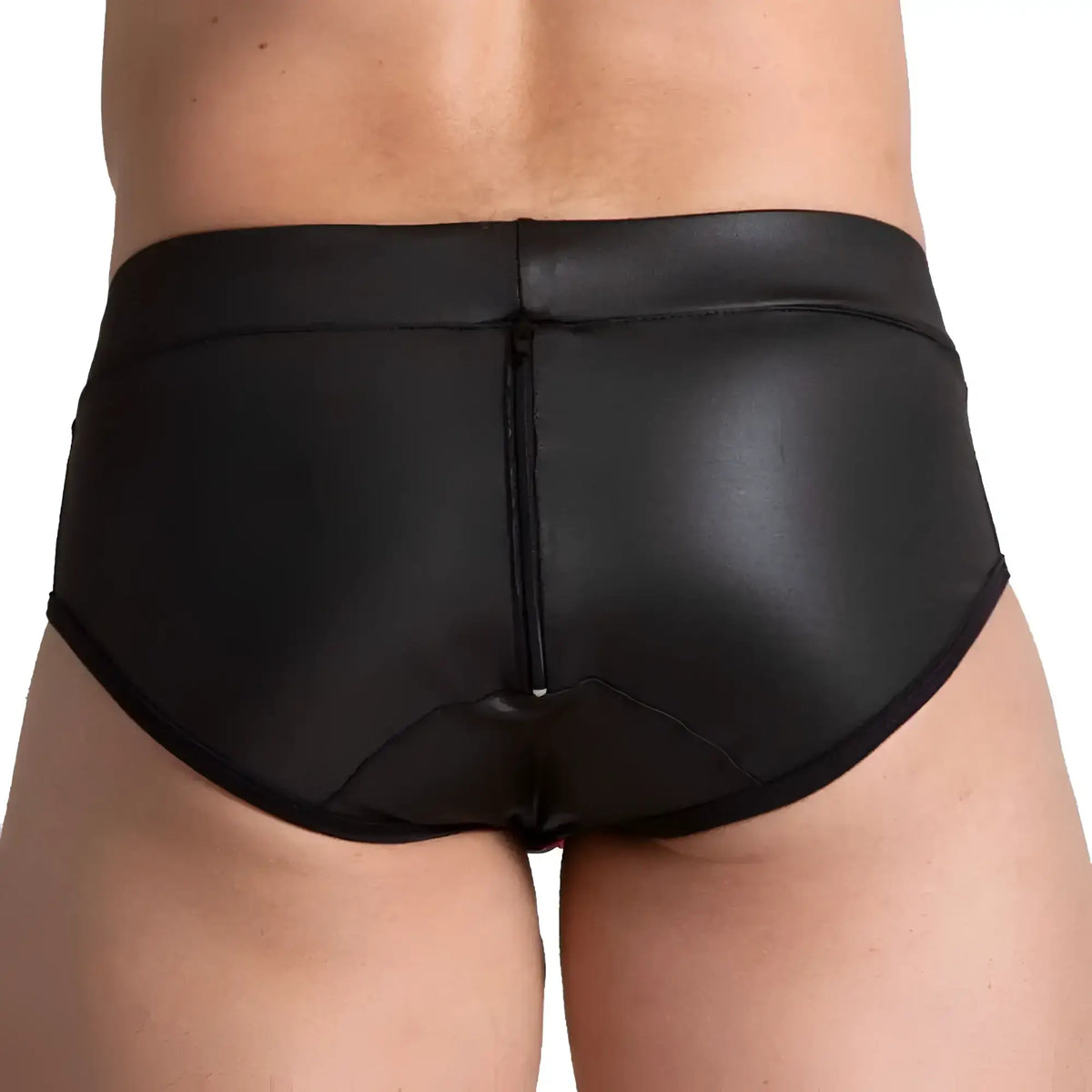 Black faux leather gigo f fetish red brief shown from the back with a central zipper detail
