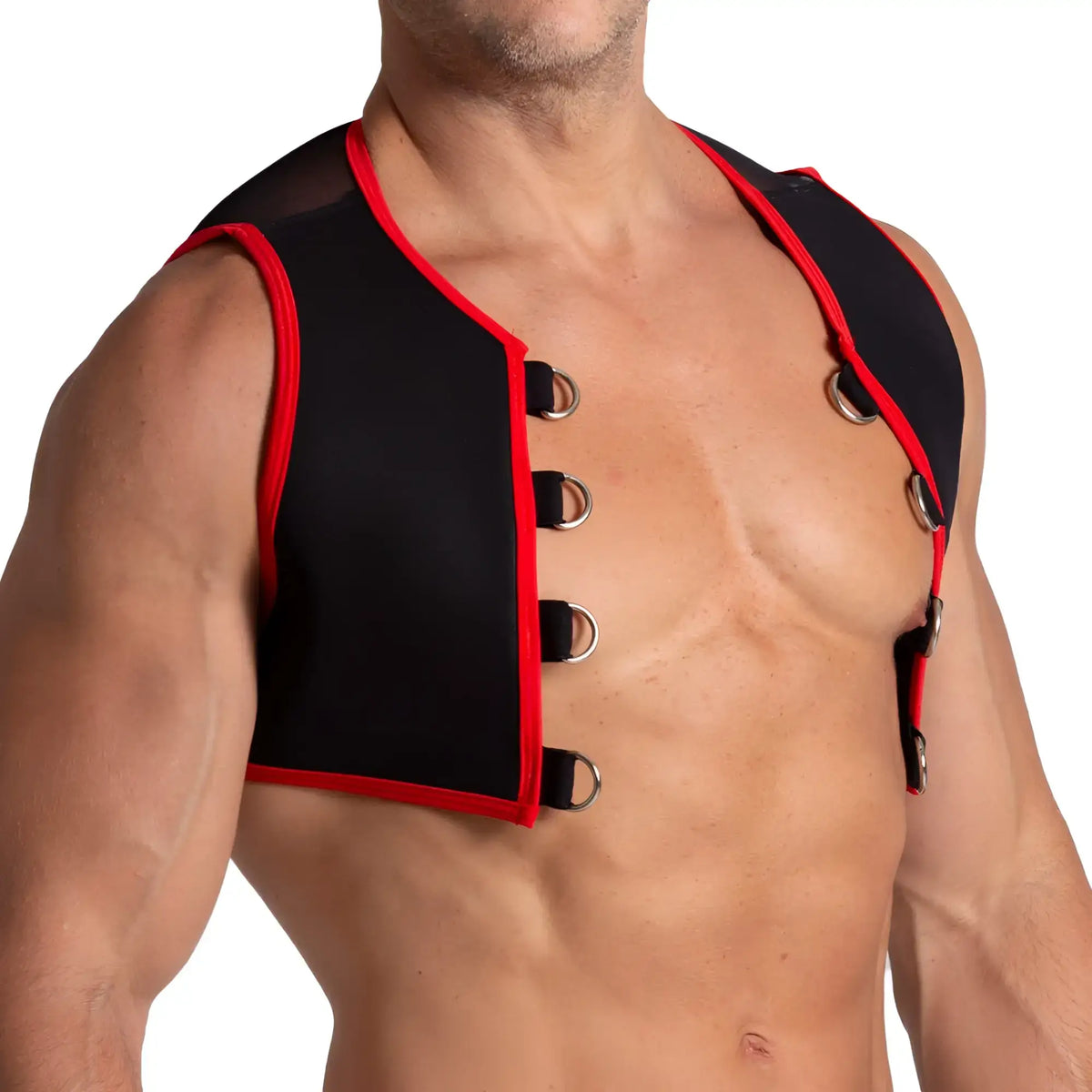 Black and red mesh shoulder harness with adjustable metal rings for fetish wear from Gigo F Harness product line