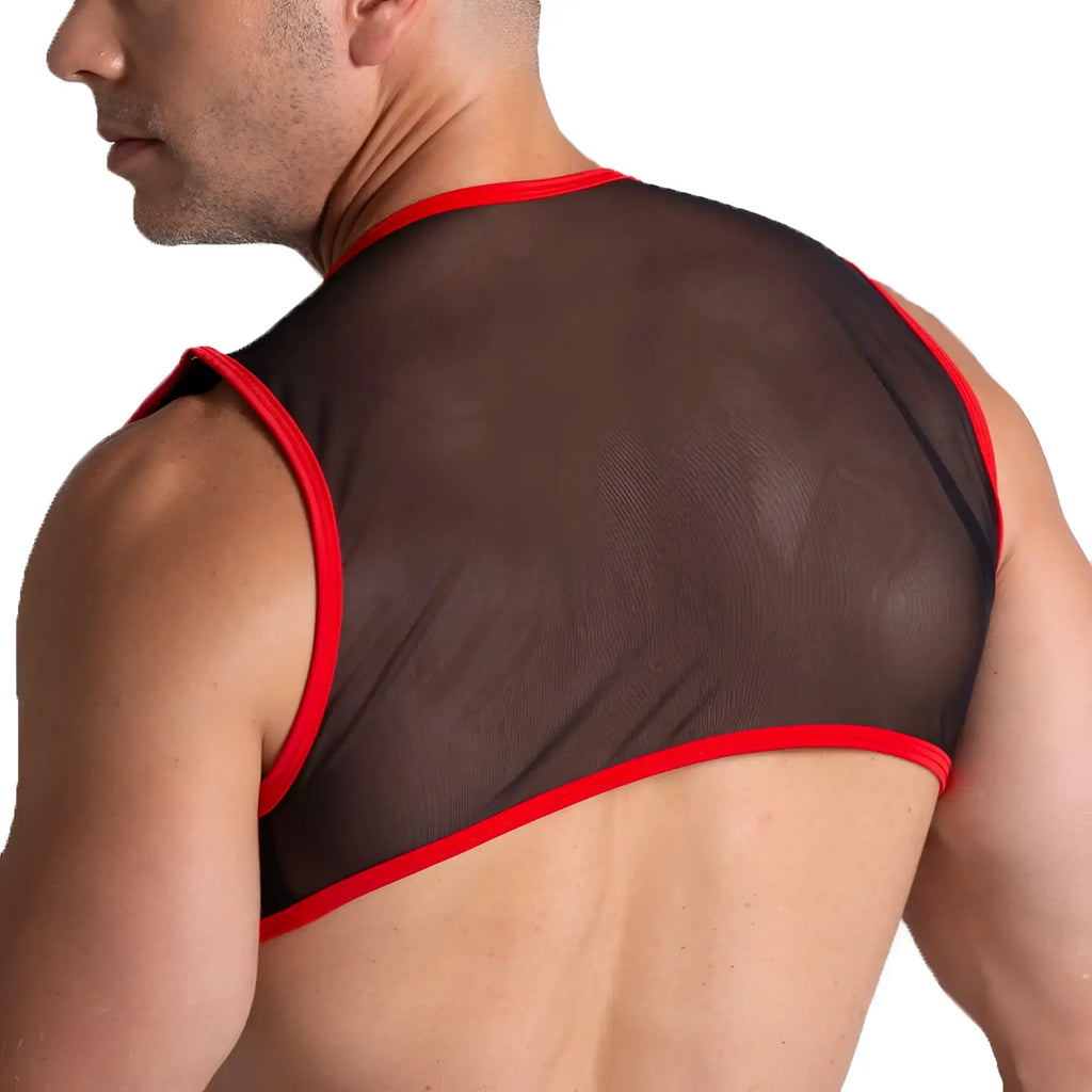 Black mesh tank top with red trim from Gigo F Fetish Red Harness collection showcasing edgy design and breathable material