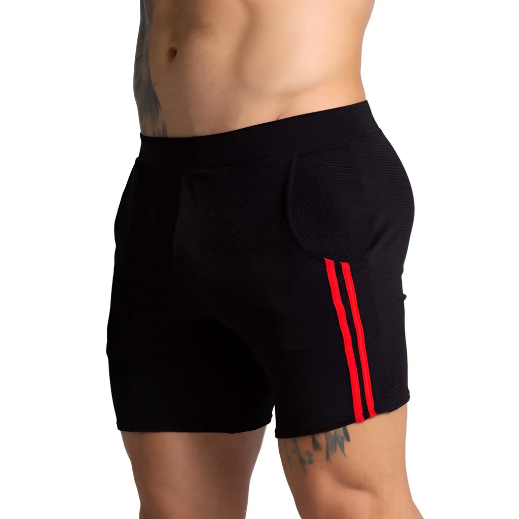 Black athletic shorts gigo f fetish red short with bold red vertical stripes made from textured performance fabric