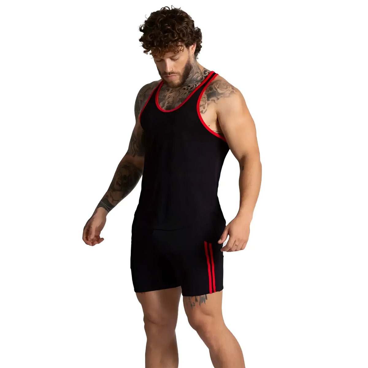 Black athletic tank top with red trim and matching shorts with two vertical red stripes gigo f fetish red tank