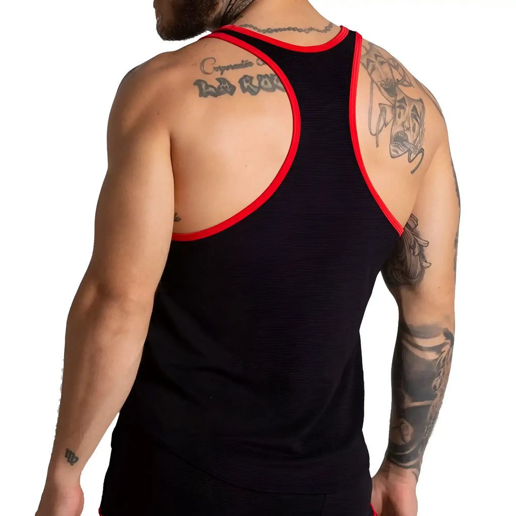 Black ribbed tank top with red trim on neckline and armholes from gigo f fetish red tank collection